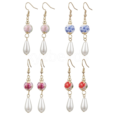 Round with Flower Pattern Porcelain Ceramic Dangle Earrings EJEW-JE06347-1