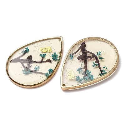 Brass & Transparent Epoxy Resin & Dried Flower Pendants RESI-G133-03G-1