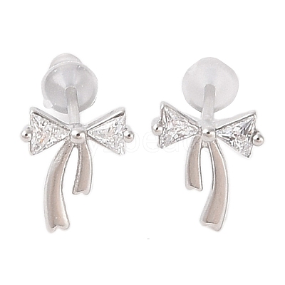 Bowknot Brass Micro Pave Clear Cubic Zirconia Stud Earrings for Women EJEW-P288-06P-1