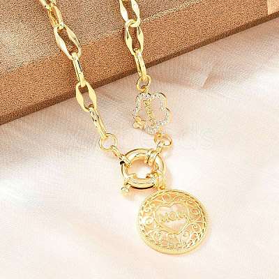 Mother's Day Brass Micro Pave Clear Cubic Zirconia Hollow Flat Round with Heart Mama Pendant Necklaces for Women NJEW-A071-05G-1