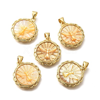 Brass with Natural Shell Carved Pendants KK-Z091-01G-02-1