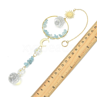 Glass Beads &  Natural Aquamarine Chip Beads & Brass Hanging Suncatchers HJEW-JM04994-03-1