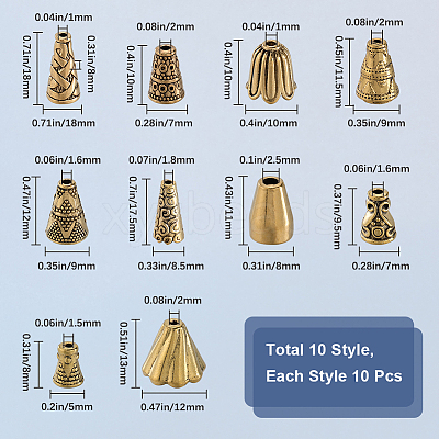 100Pcs 10 Styles Tibetan Style Alloy Beads Cone FIND-SP0001-68-1