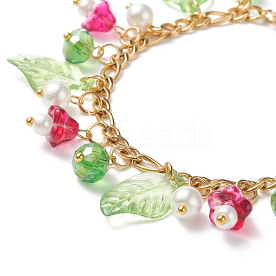 5Pcs 5 Color Glass Pearl & Trumpet Flower & Acrylic Leaf Charm Bracelets Set BJEW-JB08909-1