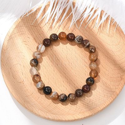 Natural Striped Agate/Banded Agate Beaded Stretch Bracelets BJEW-Q692-03I-1
