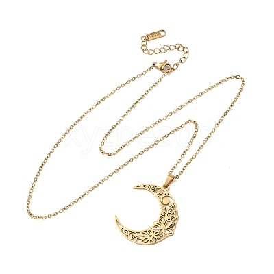 304 Stainless Steel Hollow Flower Moon Pendant Cable Chain Necklaces for Men Women NJEW-K308-01A-G-1