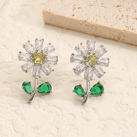 Flower Brass Cubic Zirconia Stud Earrings UQ2632-1