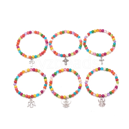 6Pcs 6 Style Synthetic Turquoise(Dyed) & Acrylic Beaded Stretch Bracelets Set BJEW-JB08627-1