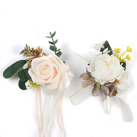 CRASPIRE 2Pcs 2 Style Silk Cloth Rose Flower Boutonniere Brooch & Wrist Corsage AJEW-CP0001-53-1