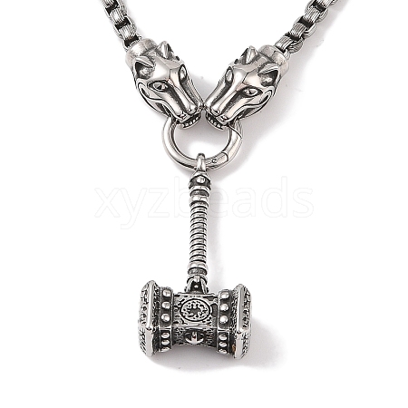 304 Stainless Steel Tiger Head King Box Chain Viking Mjolnir Thor Hammer Pendant Necklaces for Men NJEW-K378-04AS-1