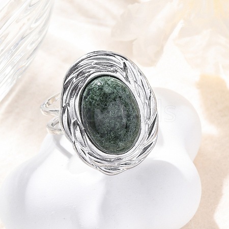 Oval Natural Moss Agate Finger Rings RJEW-M063-01P-08-1