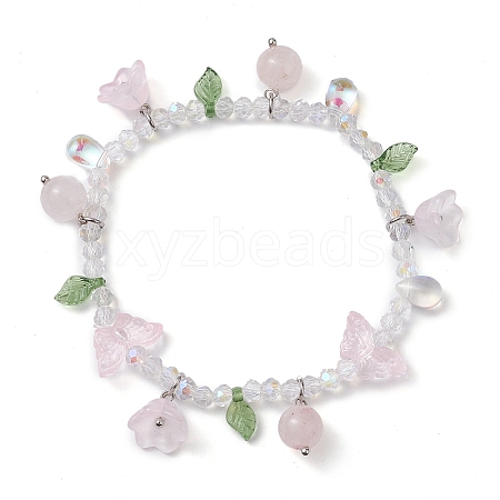 Natural Rose Quartz & Glass Beaded Stretch Bracelet with Flower Charms BJEW-JB10176-02-1