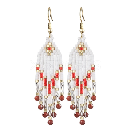 Woven Seed Beads & Natural Red Jasper Tassel Earrings EJEW-MZ00154-01-1