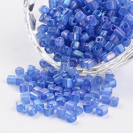6/0 Cube Transparent Colours Rainbow Plated Round Hole Glass Seed Beads SEED-I003-F168-1