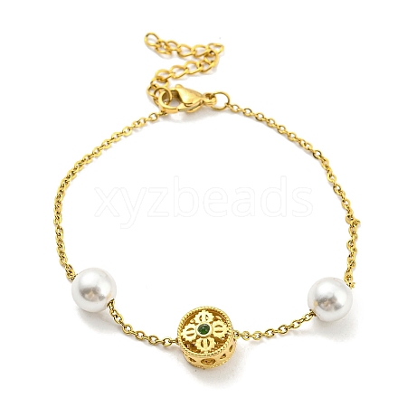 Brass Flower & Plastic Pearl Beaded Bracelet BJEW-D030-07G-1