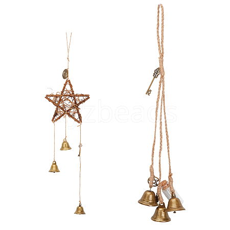 2Pcs 2 Styles Rattan & Iron Witch Bells Wind Chimes Door Hanging Pendant Decoration WICR-CN0001-01-1