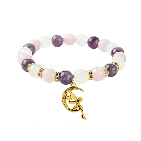 8mm Natural Rose Quartz & Quartz Crystal & Amethyst Round Beaded Stretch Bracelets BJEW-JB10738-01-1