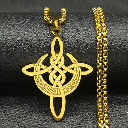 304 Stainless Steel Viking Knot Cross with Moon Pendant Necklaces for Men NJEW-S440-09G-1