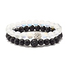 Synthetic Moonstone & Black Stone Round Beads Stretch Bracelets Set BJEW-JB07487-1