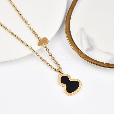 Ion Plating(IP) 304 Stainless Steel Pave Natural Shell Gourd Pendant Cable Chain Necklaces for Women NJEW-M078-02G-02-1