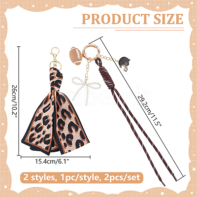 2Pcs 2 Styles Silk Leopard Print Scarf & Nylon Cord & PVC Rugby Pendant & Alloy Enamel Baseball Helmet Pendant & Glass Pearl Bowknot Keychain HJEW-ME00159-1