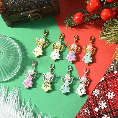 7Pcs 7 Colors Christmas Tree Handmade Porcelain & ABS Plastic Imitation Pearl Angel Pendant Decorations HJEW-FS00083-1