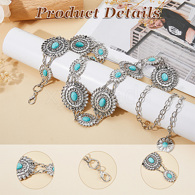 1Pc Alloy Pave Synthetic Turquoise Oval Flower Link Chain Waist Belly Body Chains for Women AJEW-DC0003-22-1