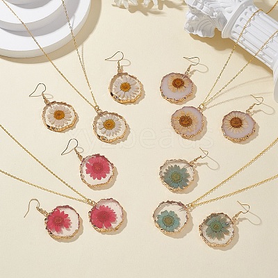 Inner Dried Flower Resin Dangle Earring & Pendant Necklaces Sets SJEW-FS00005-1