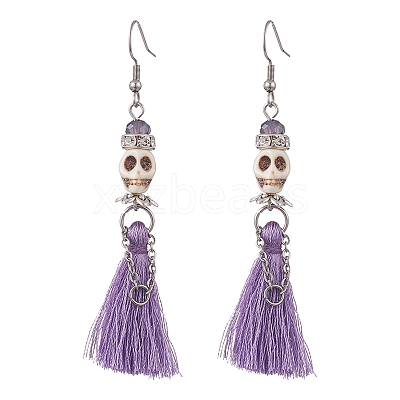Synthetic Turquoise Skull Dangle Earrings EJEW-TA00235-03-1