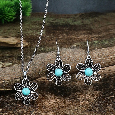 Synthetic Turquoise Pendant Necklaces & Dangle Earrings Sets WGE96E9-02-1