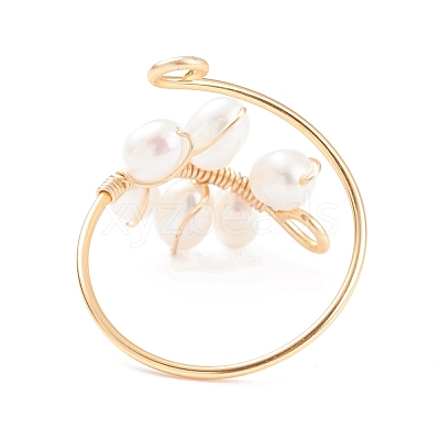 Copper Wire Wrapped Natural Cultured Freshwater Pearl Cuff Rings for Women RJEW-JR00438-1