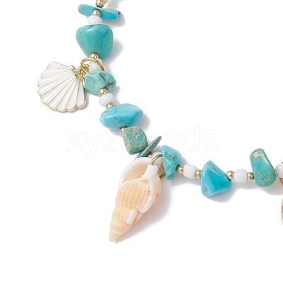 Summer Beach Synthetic Turquoise Chip Starfish & Natural Shell & Alloy Enamel Charm Anklets X1-AJEW-TA00037-1