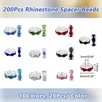 200Pcs 10 Colors Brass Rhinestone Spacer Beads RB-DC0001-09-1