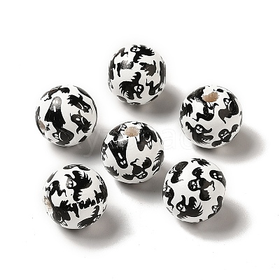 Printed Round Wood European Beads WOOD-M006-01-1