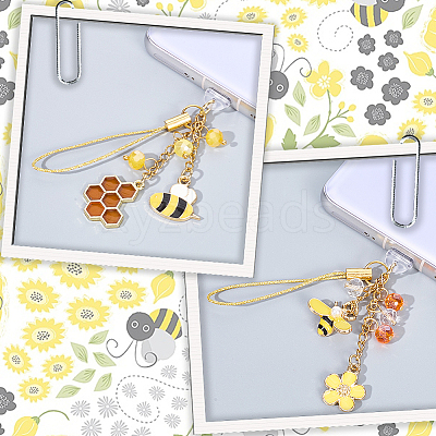 6Pcs 3 Styles Bees Alloy Enamel & Glass Mobile Straps HJEW-SC0001-94-1