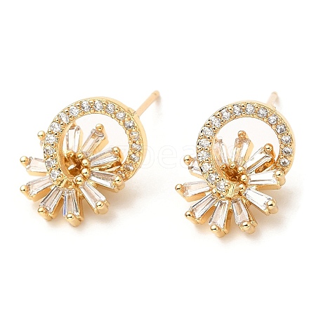 Rack Plating Brass Ring with Flower Stud Earrings with Cubic Zirconia EJEW-A103-07G-1