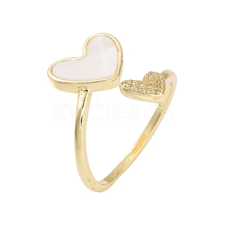 Rack Plating Heart Brass Micro Pave Cubic Zirconia Open Cuff Rings for Women RJEW-B064-16G-1