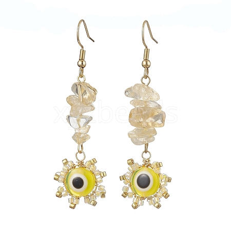 Evil Eye Natural Citrine Chip & Seed Beads Dangle Earrings EJEW-MZ00166-02-1