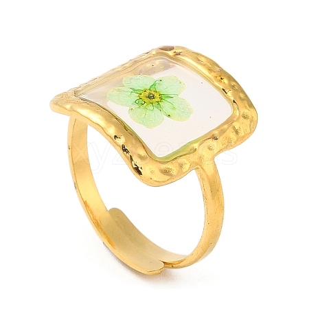 Pale Green Square Epoxy Resin with Dry Flower Adjustable Rings RJEW-G304-03G-02-1