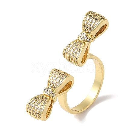 Bowknot Brass Micro Pave Clear Cubic Zirconia Open Cuff Rings for Women RJEW-C098-15G-1