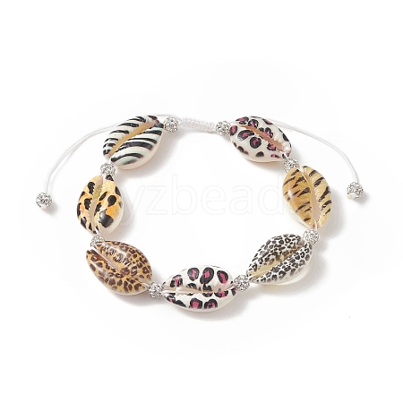 Animal Skin Printed Natural Cowrie Shell & Polymer Clay Braided Bead Bracelet with Rhinestone BJEW-JB09205-1