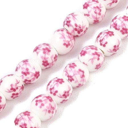 Handmade Flower Printed Porcelain Ceramic Beads Strands X-PORC-M005-8mm-03-1