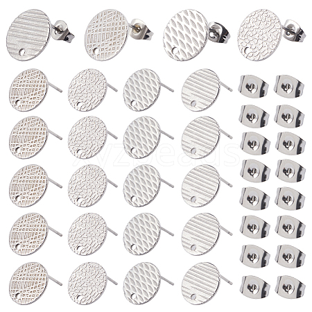 SOFPLATE 40Pcs 4 Styles Textured Flat Round 304 Stainless Steel Stud Earring Findings STAS-SP0001-54-1