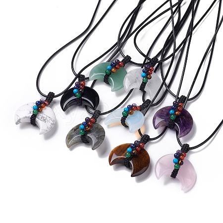 Adjustable Natural & Synthetic Mixed Gemstone Double Horn Pendant Necklace with Wax Cord for Women NJEW-B086-01-1