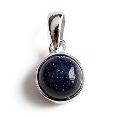 Rhodium Plated 925 Sterling Silver Pave Synthetic Blue Goldstone Half Round Charms G-NH0001-12C-1