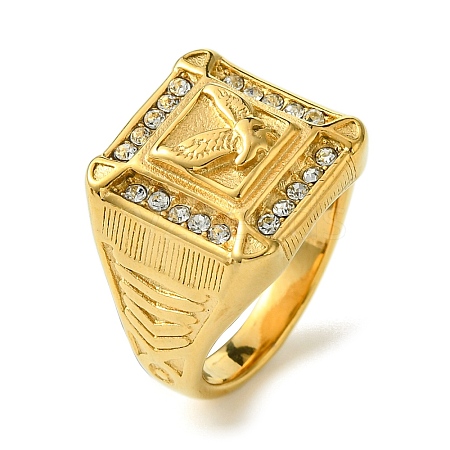 Square with Bird 304 Stainless Steel Rhinestone Signet Rings RJEW-Q815-04G-1