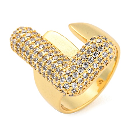 Brass Micro Pave Clear Cubic Zirconia Letter Open Cuff Ring for Women RJEW-M173-01G-L-1