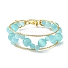 Sky Blue Round Cat Eye Beaded Brass Bangles for Women BJEW-JB10741-1