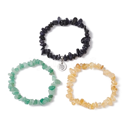 3Pcs 3 Styles Natural Citrine & Green Aventurine & Synthetic Blue Goldstone Chips Stretch Bracelets Sets BJEW-JB11076-08-1