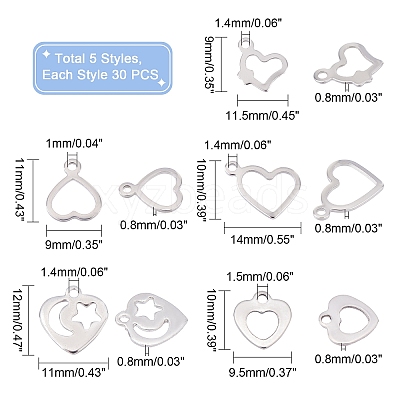 150Pcs 5 Style 304 Stainless Steel Open Pendants STAS-UN0030-54-1